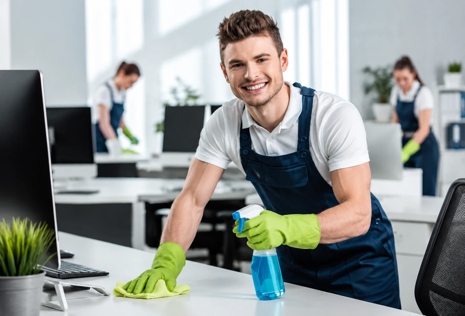 Smiling BJR Cleaning team member in uniform wiping down a desk in a modern Perth office