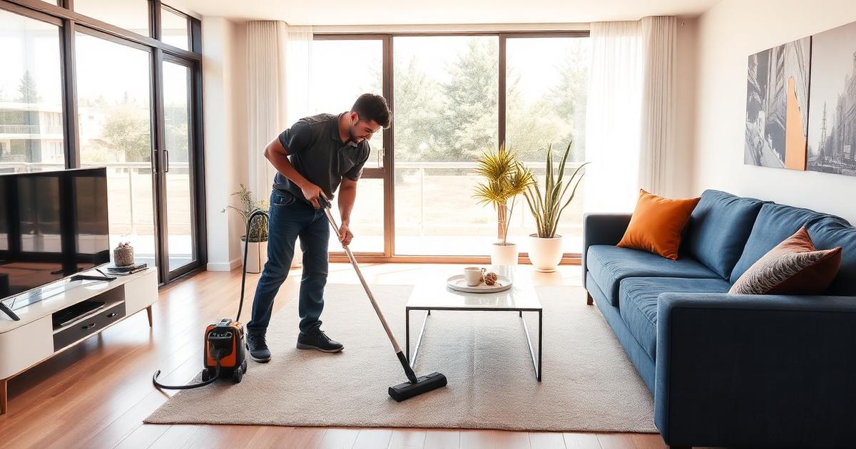 A BJR Cleaning team member vacuuming a bright modern Perth living room with large windows, a navy sofa and orange accent cushions.