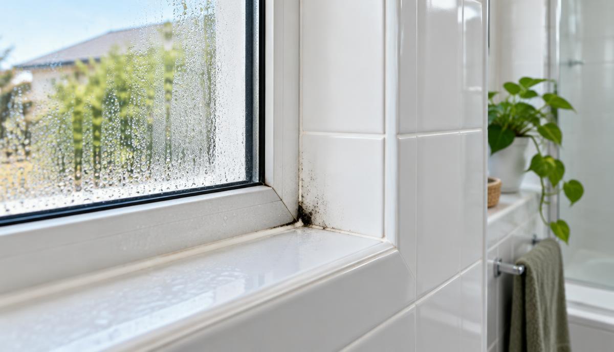 Condensation on a bathroom window with a small patch of surface mould around the frame and white tile grout.